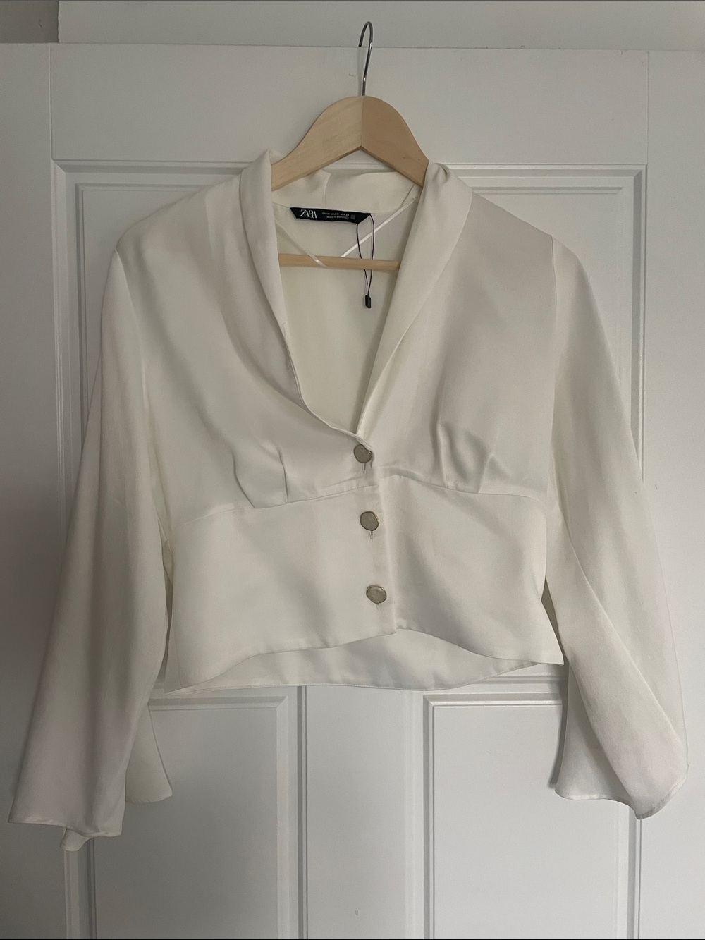 Zara White Satin Cropped Button-Front Blouse